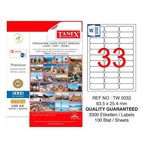 Tanex Lazer Etiket 100 YP 3300 LÜ 63.5X25.4 Laser-Copy-Inkjet TW-2033