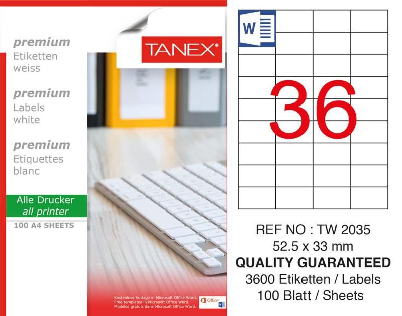 Tanex Lazer Etiket 100 YP 3600 LÜ 52.5X33 Laser Copy Inkjet TW 2035