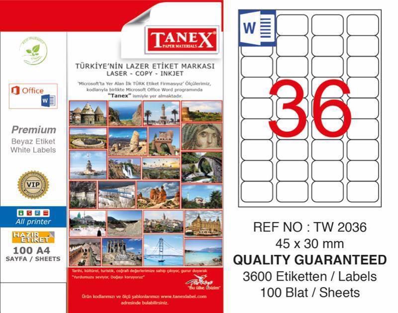 Tanex Lazer Etiket 100 YP 3600 LÜ 45X30 Laser Copy Inkjet TW 2036