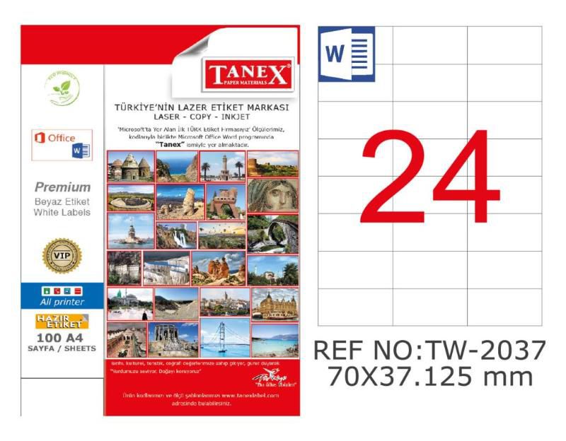 Tanex Lazer Etiket 100 YP 2400 LÜ 70X37.125 Laser Copy Inkjet TW 2037