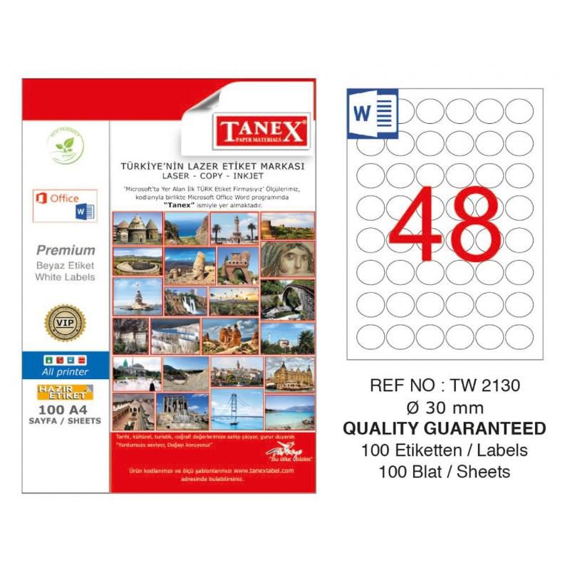 Tanex Lazer Etiket 100 YP 4800 LÜ 0.30 MM Laser Copy Inkjet Yuvarlak TW 2130