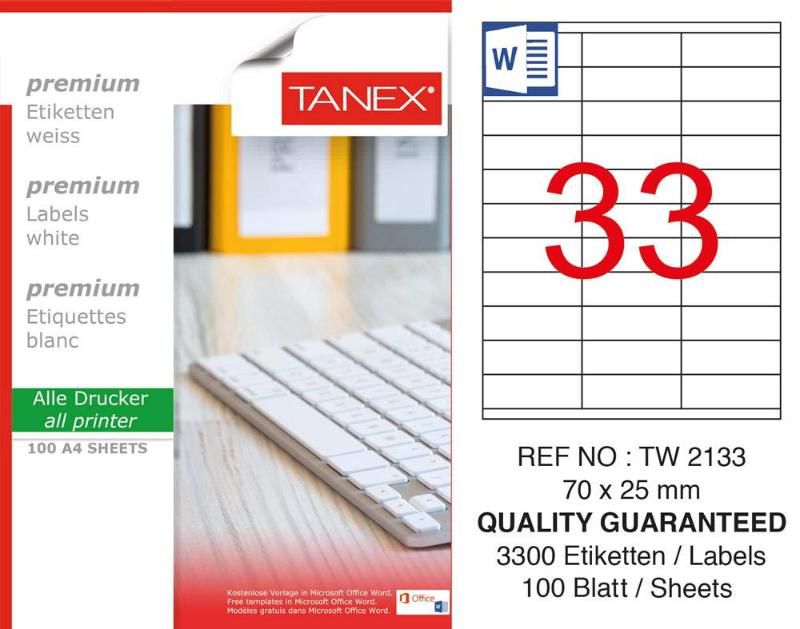 Tanex Lazer Etiket 100 YP 3300 LÜ 70X25 Laser Copy Inkjet TW 2133