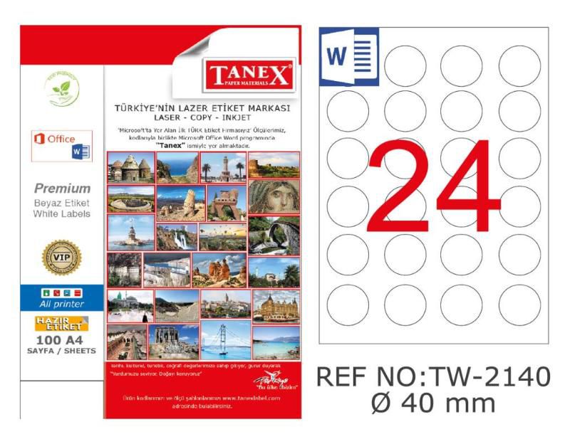 Tanex Lazer Etiket 100 YP 2400 LÜ 0.40 MM Laser Copy Inkjet Yuvarlak TW 2140