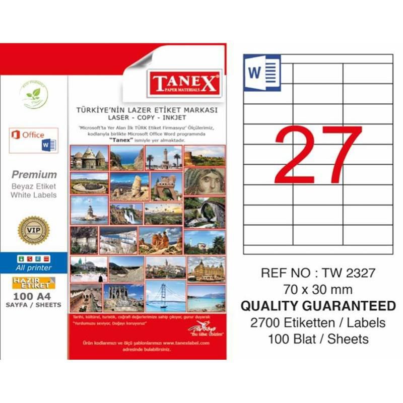 Tanex Lazer Etiket 100 YP 2700 LÜ 70X30 Laser Copy Inkjet TW 2327