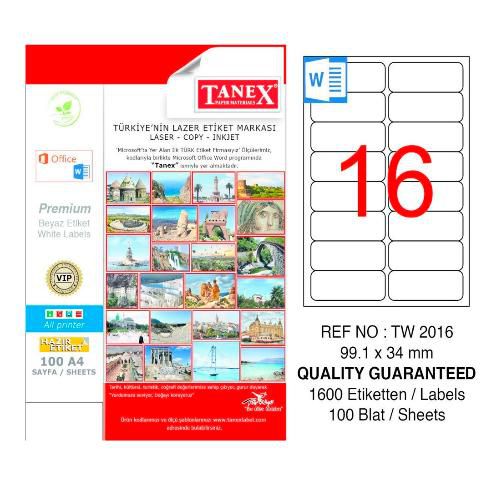 Tanex Lazer Etiket 100 YP 1600 LÜ 99.1X34 Laser Copy Inkjet TW 2016