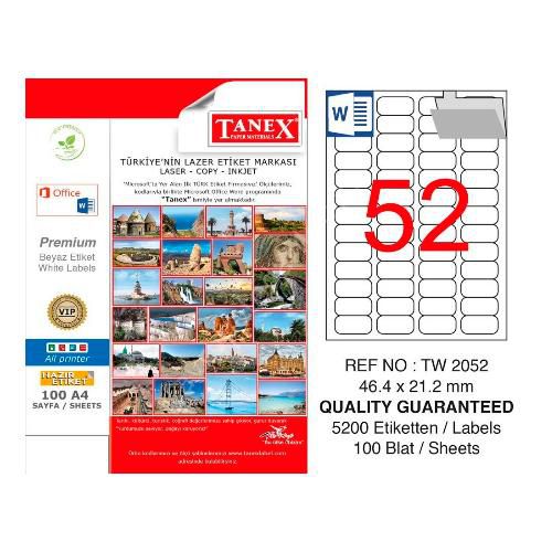 Tanex Lazer Etiket 100 YP 5200 LÜ 46.4X21.2 Laser-Copy-Inkjet Kuşe TW-2052 Tanex Lazer Etiket 100 YP 5200 LÜ 46.4X21.2 Laser-Copy-Inkjet Kuşe TW-2052