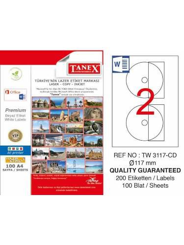Tanex Lazer Etiket 100 YP 200 LÜ 117 MM Laser-Copy-Inkjet CD TW-3117